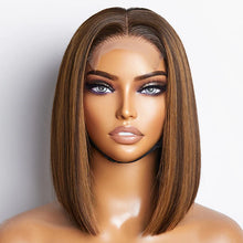 Load image into Gallery viewer, Glueless Chestnut Brown Highlights Bone Straight 4x4 Closure Bob Wig 100% Human Hair 12&quot;
