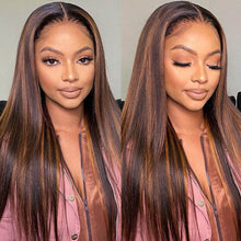 Load image into Gallery viewer, Glueless Chestnut Brown Highlights Bone Straight 13x4 Frontal HD Lace Wig 100% Human Hair 26"