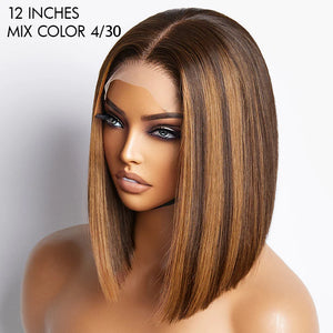 Glueless Chestnut Brown Highlights Bone Straight 4x4 Closure Bob Wig 100% Human Hair 12"