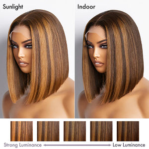 💥[ BIG SALE ] Glueless Chestnut Brown Highlights Blunt Cut  Silky Straight 4x4  Closure HD Lace  Bob Wig 100% Human Hair