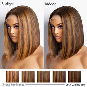 Glueless Chestnut Brown Highlights Bone Straight 4x4 Closure Bob Wig 100% Human Hair 12"