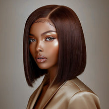 Load image into Gallery viewer, Glueless Dark Brown Blunt Cut SDD Bone straight 4x4 HD Lace  Wig 100% Human Hair
