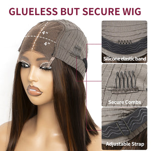 💥[ BIG SALE ] Glueless Chestnut Brown Highlights Blunt Cut  Silky Straight 4x4  Closure HD Lace  Bob Wig 100% Human Hair