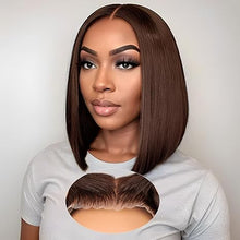 Load image into Gallery viewer, Glueless Dark Brown Blunt Cut SDD Bone straight 4x4 HD Lace  Wig 100% Human Hair
