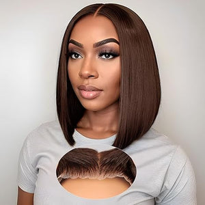Glueless Dark Brown Blunt Cut SDD Bone straight 4x4 HD Lace  Wig 100% Human Hair