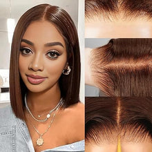 Load image into Gallery viewer, Glueless Dark Brown Blunt Cut SDD Bone straight 4x4 HD Lace  Wig 100% Human Hair
