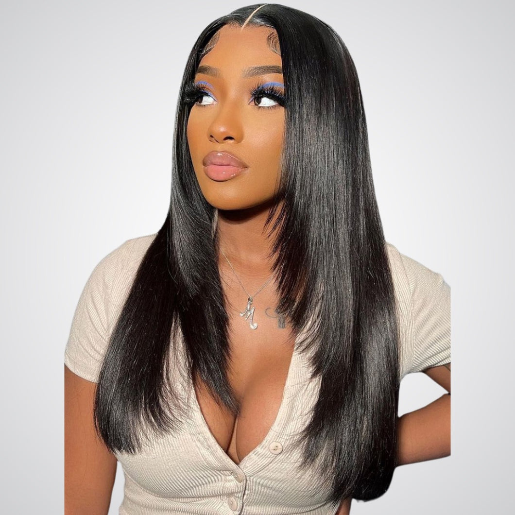 Glueless Layered Bone Straight 5×5 Pre-Cut Closure HD Lace Wig 100% Human Hair 22“