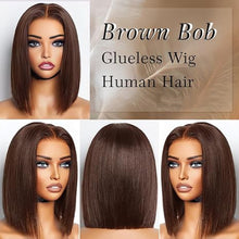 Load image into Gallery viewer, Glueless Dark Brown Blunt Cut SDD Bone straight 4x4 HD Lace  Wig 100% Human Hair
