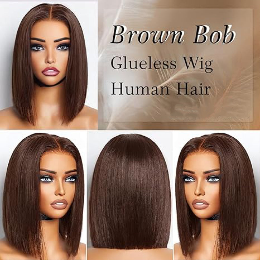 Glueless Dark Brown Blunt Cut SDD Bone straight 4x4 HD Lace  Wig 100% Human Hair
