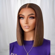 Load image into Gallery viewer, Glueless Chestnut Brown Blunt Cut Bone straight 4x4 HD Lace Bob Wig 100% Human Hair 12&quot;
