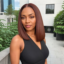 Load image into Gallery viewer, Glueless Chestnut Brown Blunt Cut Bone straight 4x4 HD Lace Bob Wig 100% Human Hair 12&quot;
