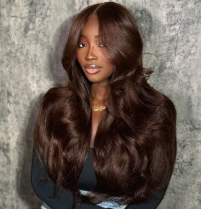 Glueless Dark Brown Body wave 4x4 HD Lace Wig 100% Human Hair