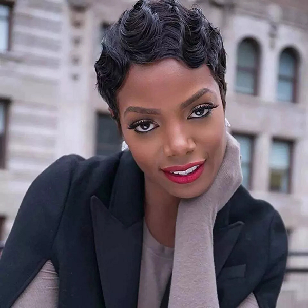 Natural Black Ocean Wave Finger Waves Short Cut Wig